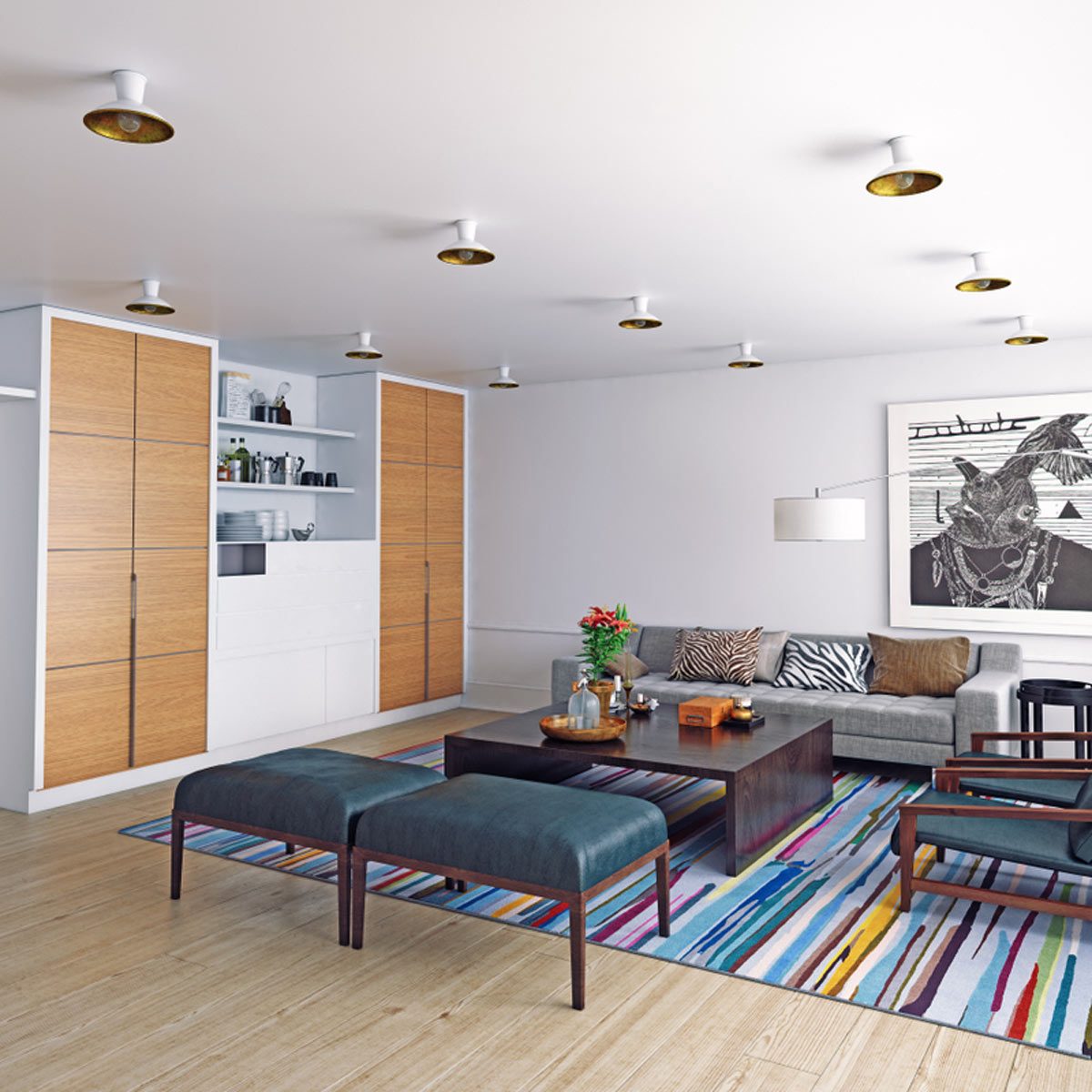 A modern living room features a sofa and two ottomans, with a coffee table and vibrant striped rug. Shelves and cabinets line the wall.