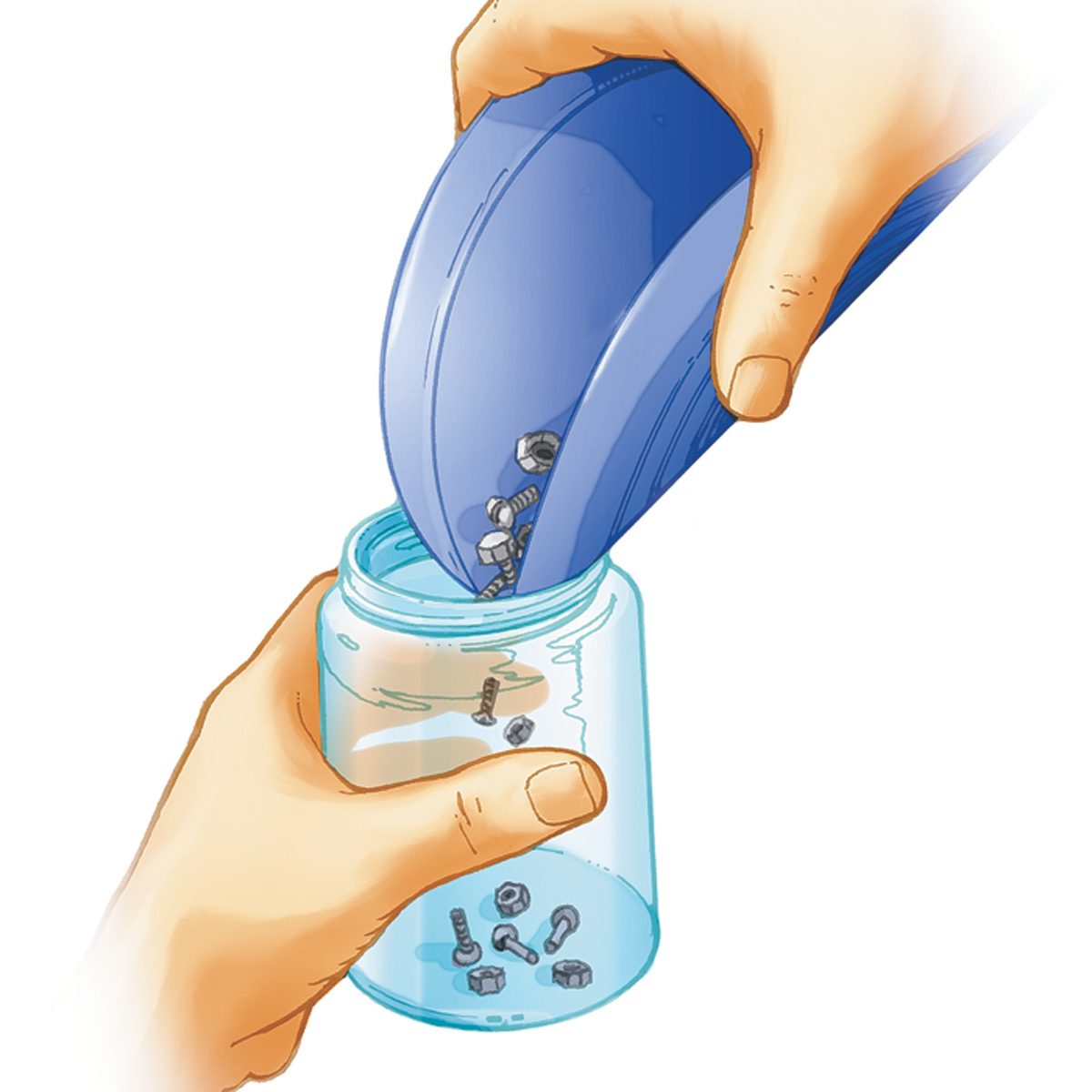 A hand tilts a blue container, pouring small screws into a clear jar held with another hand, indicating an organized storage action.