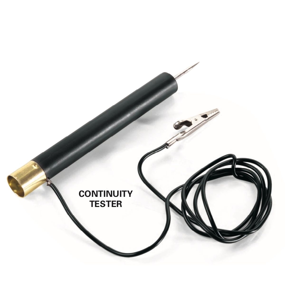 A continuity tester is displayed, featuring a pointed probe and alligator clip attached by a wire, used to check electrical connections.