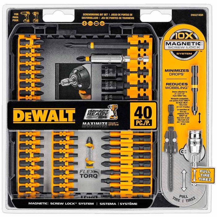 A set of 40 screwdriver bits arranged neatly in a plastic case, featuring magnetic connectors and FlexTorq technology for reduced wobbling and minimized drops.