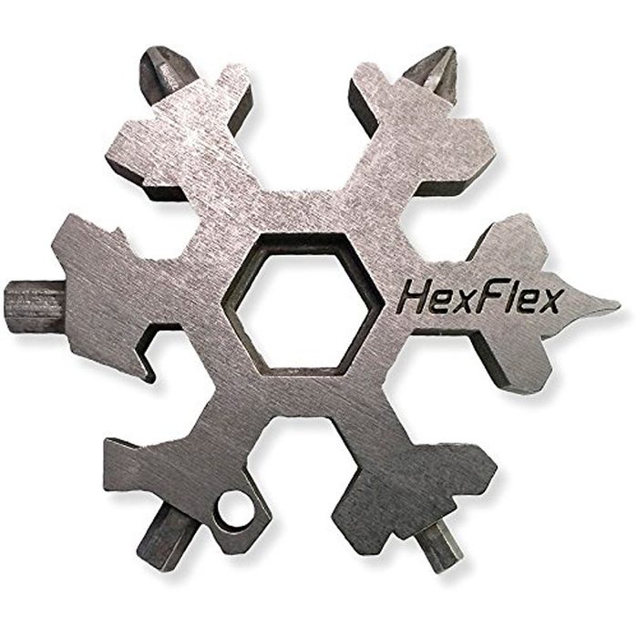 A multi-tool shaped like a snowflake sits against a neutral background, featuring various tool tips for different functions and labeled “HexFlex.”