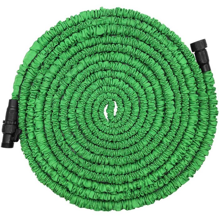 A green, coiled garden hose with a textured surface lies flat, showcasing its circular shape and two black connectors on opposite ends.