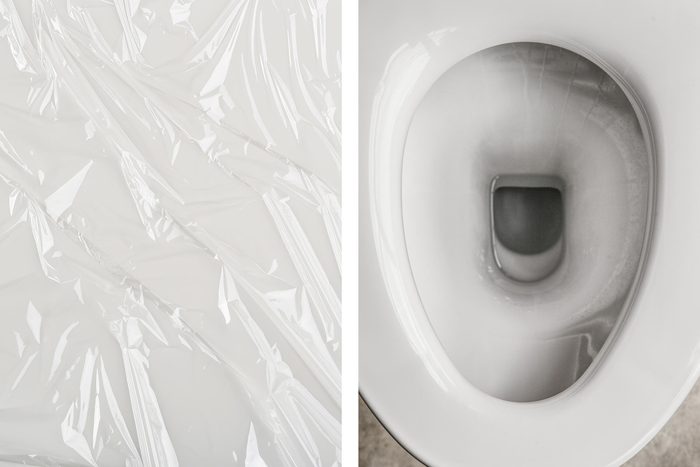 A wrinkled clear plastic sheet lies on a flat surface, while a top-down view of a clean white toilet bowl is nearby, contrasting with the plastic.
