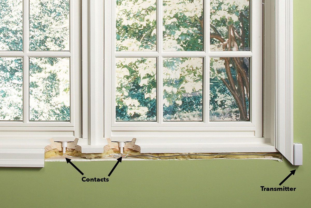 A window frame with contacts and a transmitter is shown, revealing green walls and sunlight filtering through leaves outside.