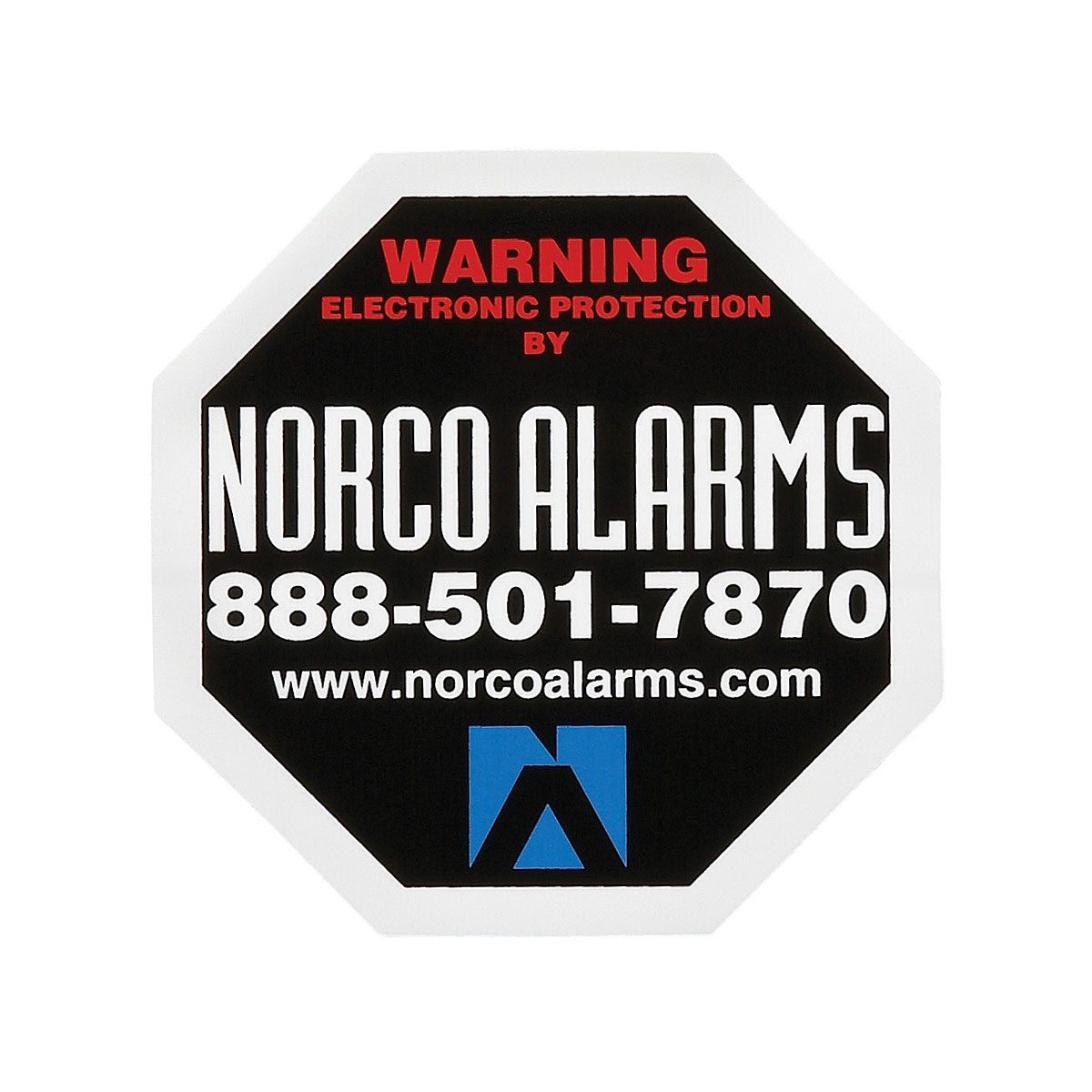 A black and white octagonal alarm sticker displays a warning message, indicating electronic protection by Norco Alarms, along with contact information and a website.