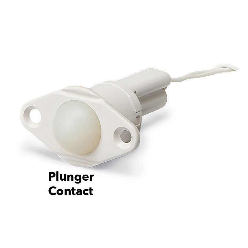 A white plunger contact device is positioned horizontally, with a rounded tip protruding from a cylindrical body. Text below labels it as "Plunger Contact."