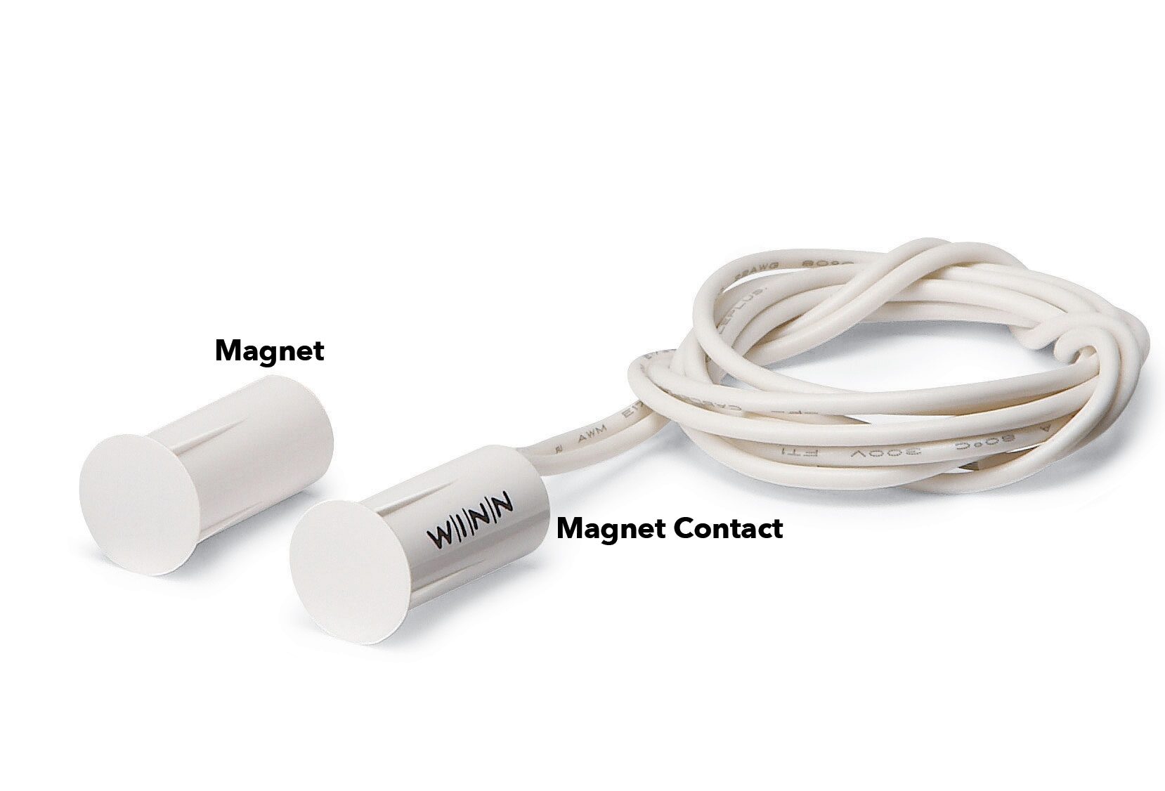 Two cylindrical magnets are connected by a white wire, labeled “Magnet” and “Magnet Contact,” typically used in sensor applications.