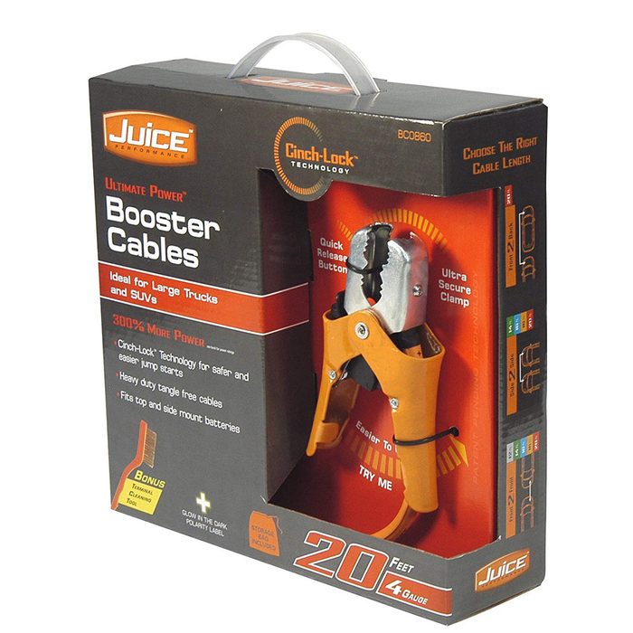 A package of booster cables, featuring an orange clamp, showcases features like Cinch-Lock technology and is designed for jump-starting large vehicles.