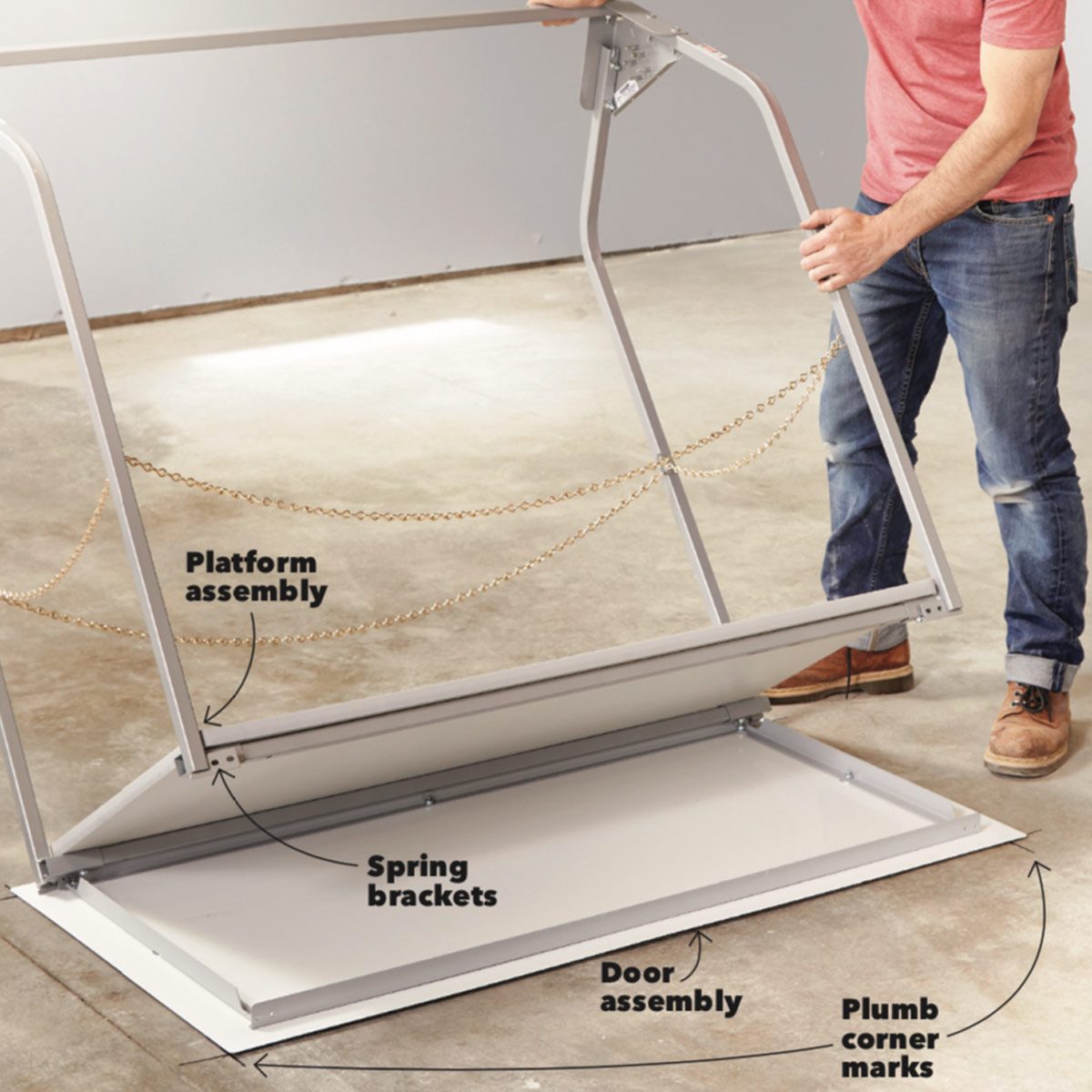 A person is lifting a platform assembly with attached chains in a garage, revealing spring brackets and door assembly components on a concrete floor.
