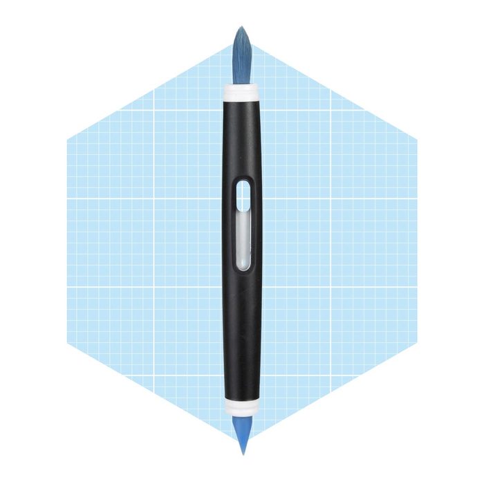 A blue-tipped pen stands vertically, with a clear window section and a black grip, set against a light blue grid background.