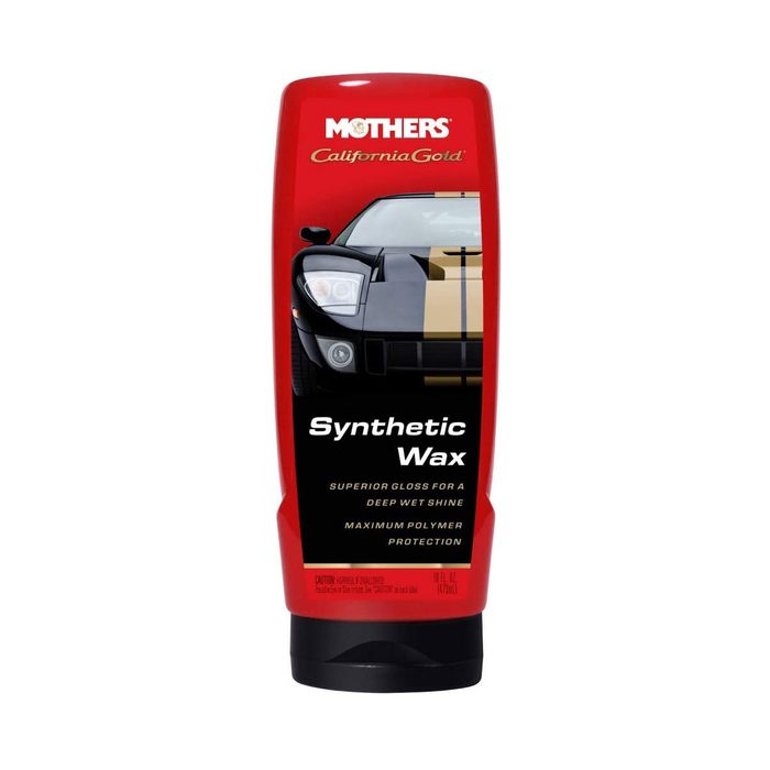 A bottle of synthetic wax stands upright, featuring a black and gold car image on the label, promoting gloss and protection for automotive surfaces.