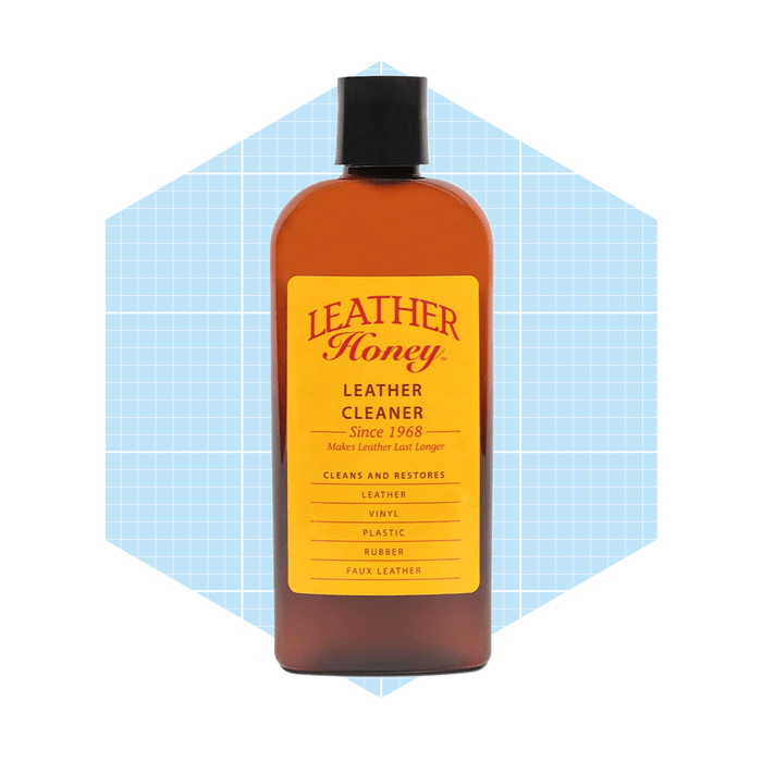 A bottle of leather cleaner, labeled 