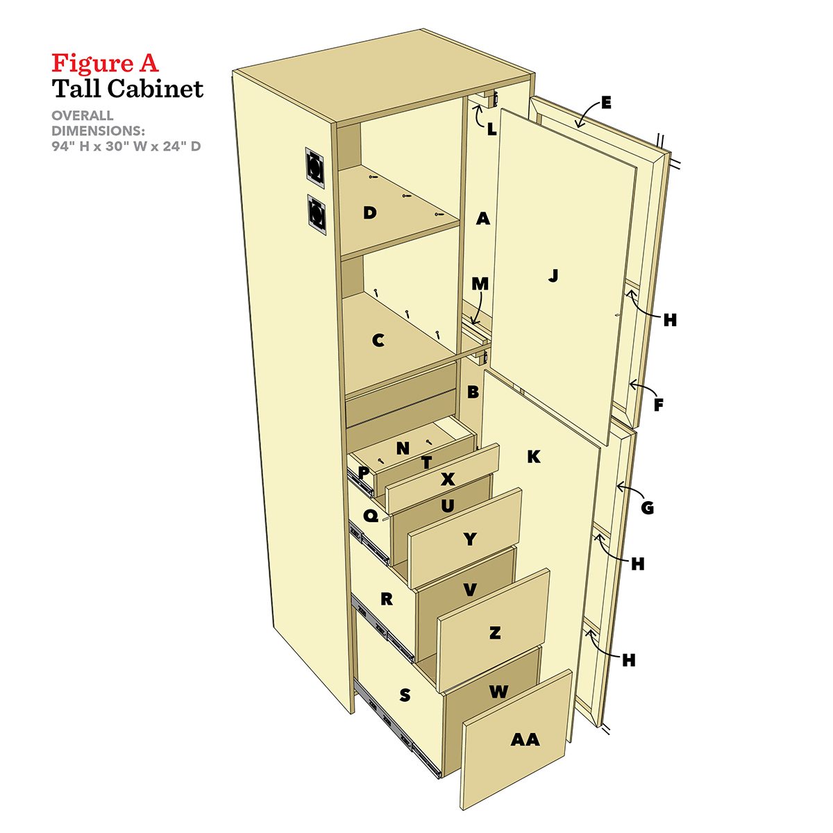 A tall cabinet displays multiple shelves and drawers, with numbered sections indicating functionality. It stands upright against a plain background, featuring a neutral color palette.