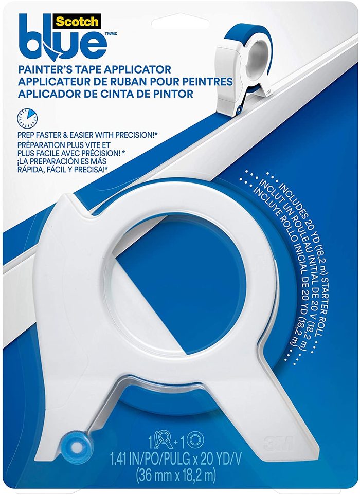 A painter's tape applicator is displayed, facilitating tape application for painting tasks, surrounded by packaging that highlights features and specifications.