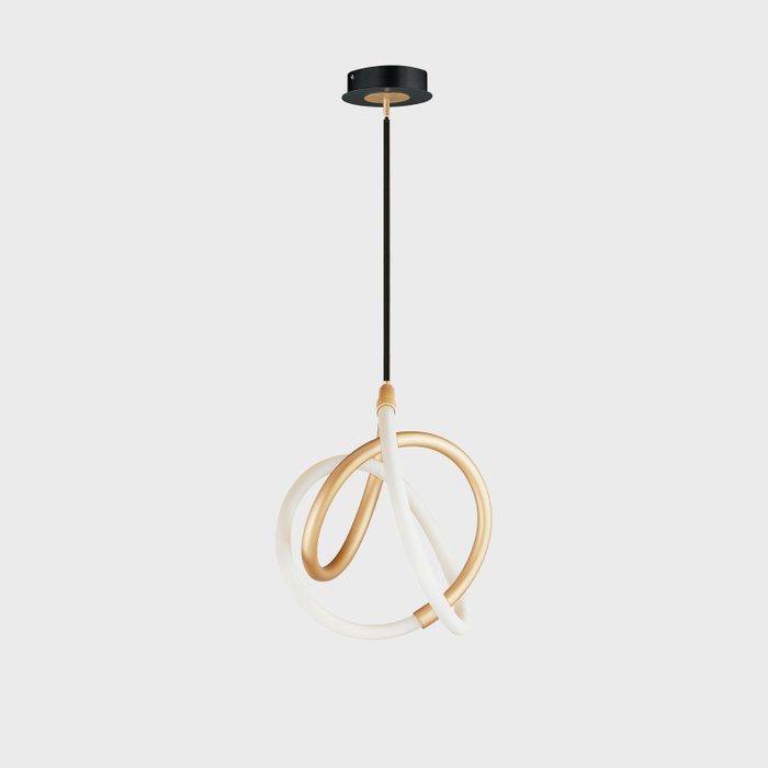A modern pendant light hangs from a black ceiling mount, featuring intertwined white and gold tubing against a light gray background.