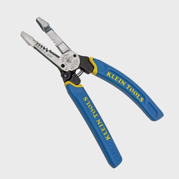 A pair of wire strippers is presented, designed for cutting and stripping wire, with blue handles labeled 
