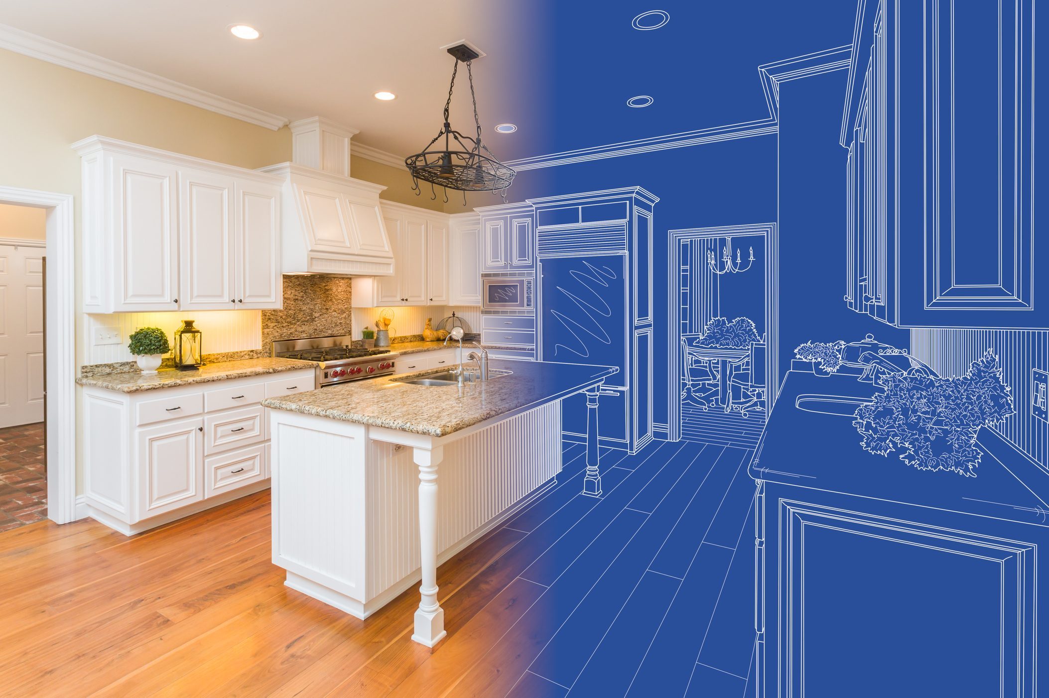 Kitchen Blueprint Drawing Gradating Into Finished Build