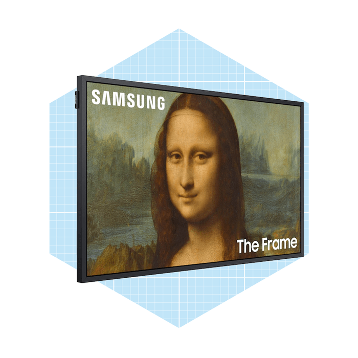 A digital frame displays the Mona Lisa painting, showcasing Samsung's branding. The background features a light blue grid pattern, enhancing the art presentation.