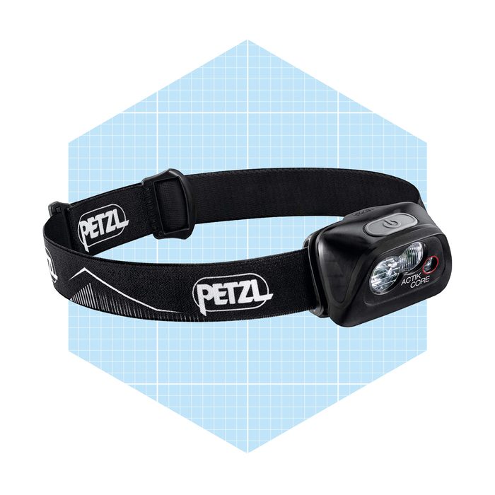 A black headlamp rests on a flat surface, designed for hands-free lighting. It features adjustable straps and a control button for function.