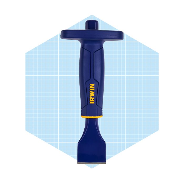 A blue-handled tool with a flat edge is positioned upright against a light blue grid background, designed for cutting or scraping in various projects.