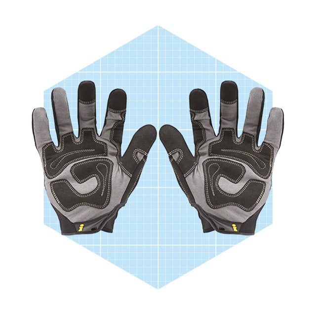 Two pairs of gloves are displayed, palms facing up. They feature a black and gray design, set against a light blue grid background.