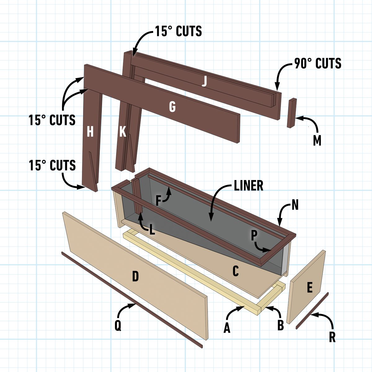 An exploded diagram illustrates various wooden components labeled with letters, designed for constructing a planter box with specific cut angles indicated.