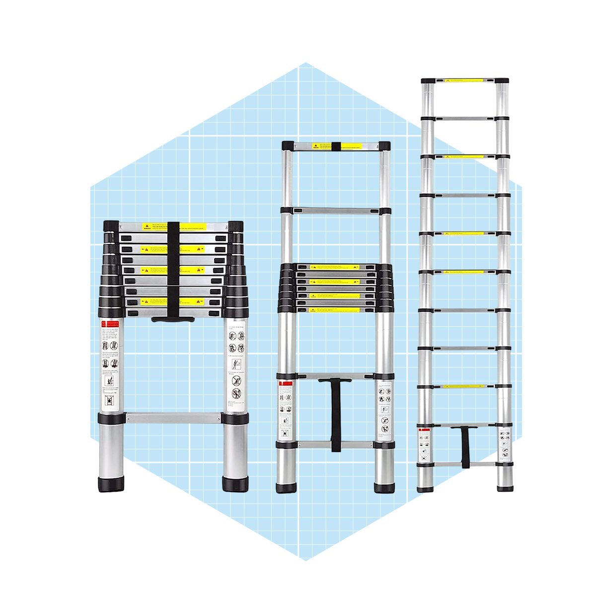 A collapsible aluminum ladder is displayed in various stages: collapsed, partially extended, and fully extended, set against a light blue grid background.