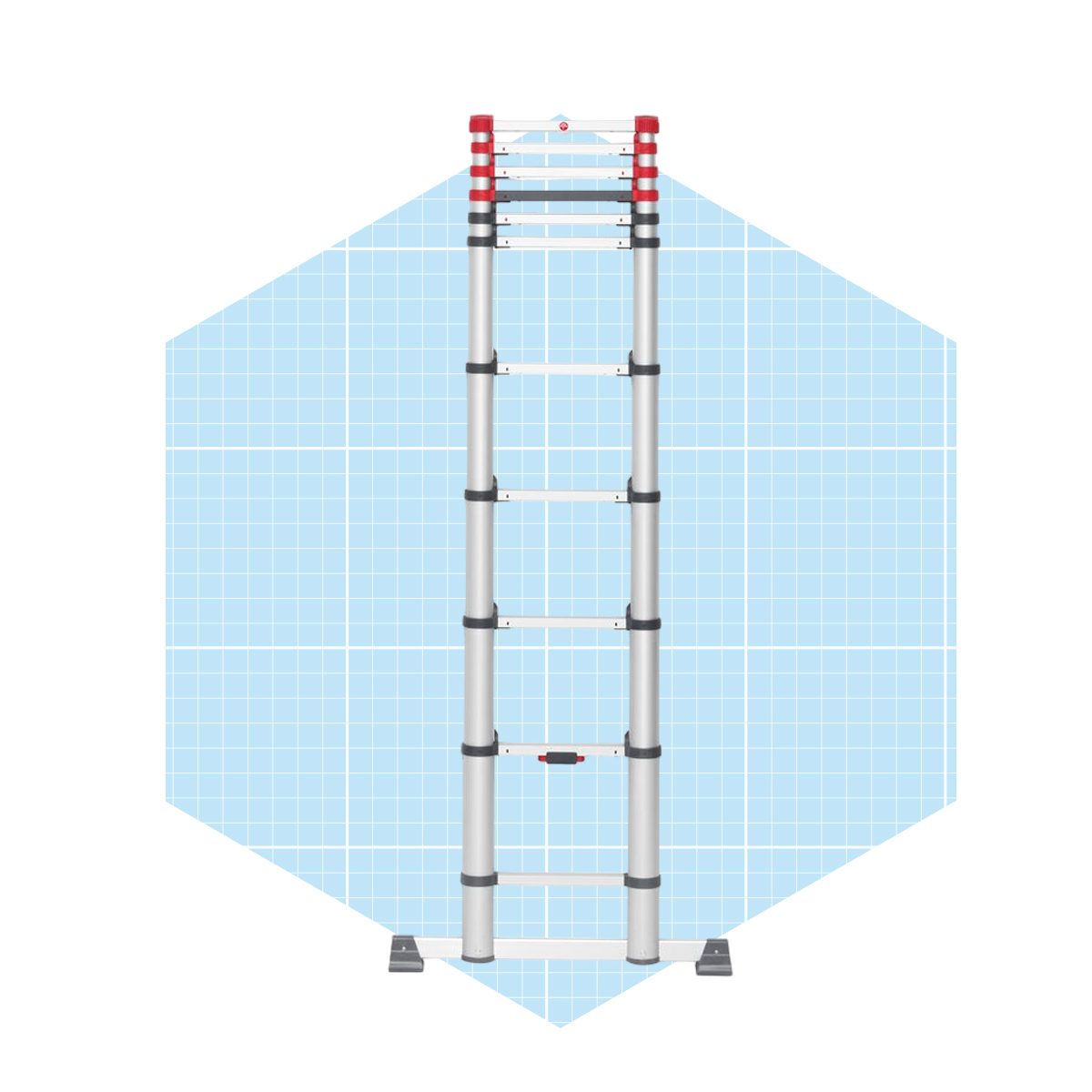 A tall, extended aluminum ladder stands upright on a blue grid background, appearing ready for use in various tasks requiring elevation or access to higher areas.