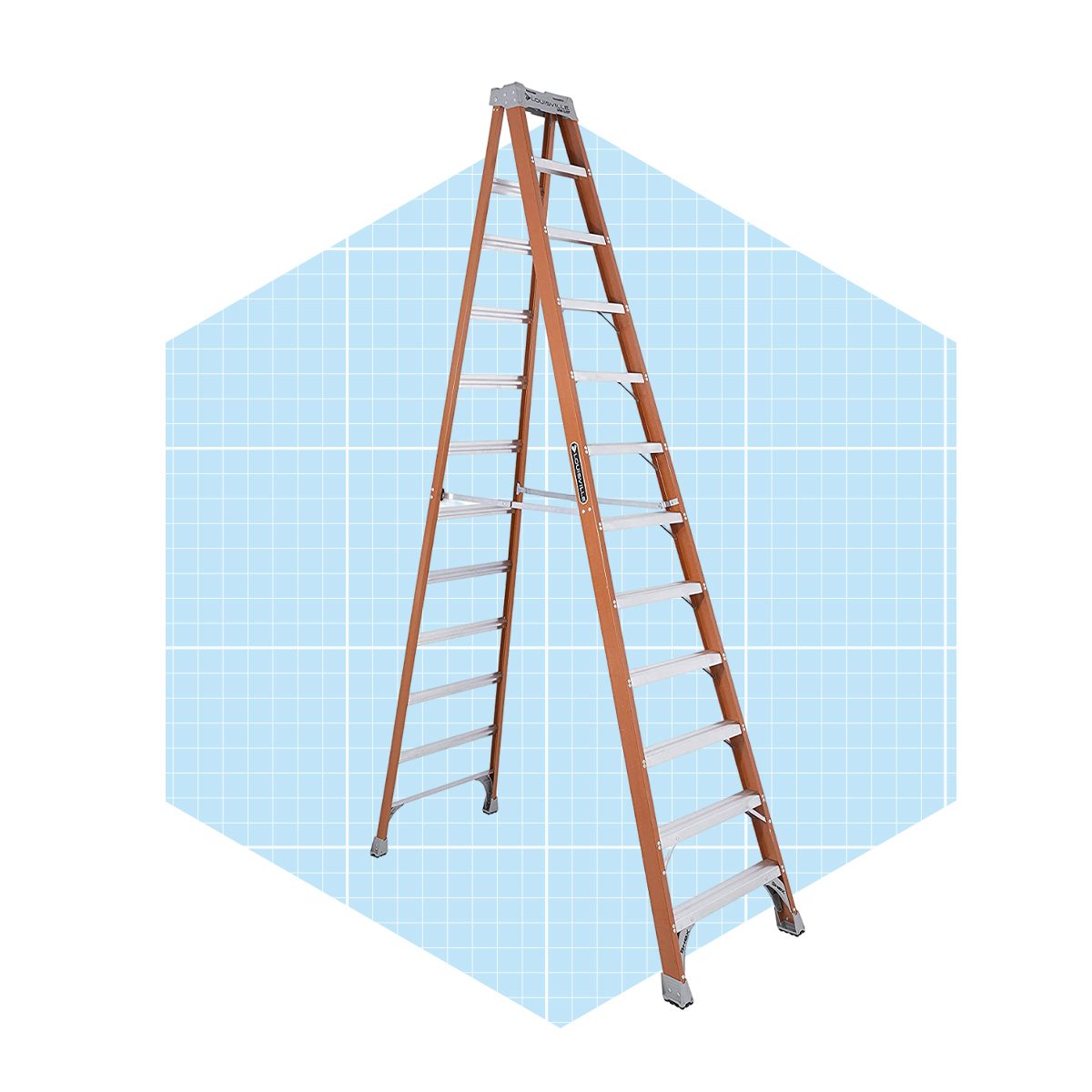 A wooden step ladder stands upright on a light blue grid-patterned background, ready for use in reaching higher spaces or conducting tasks.