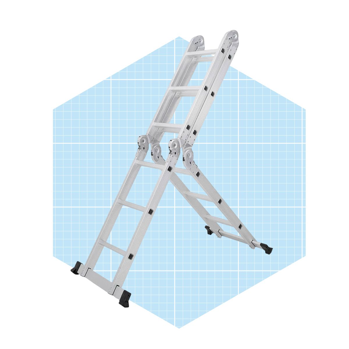 An aluminum ladder is positioned upright, showcasing its adjustable design against a light blue grid-patterned background.