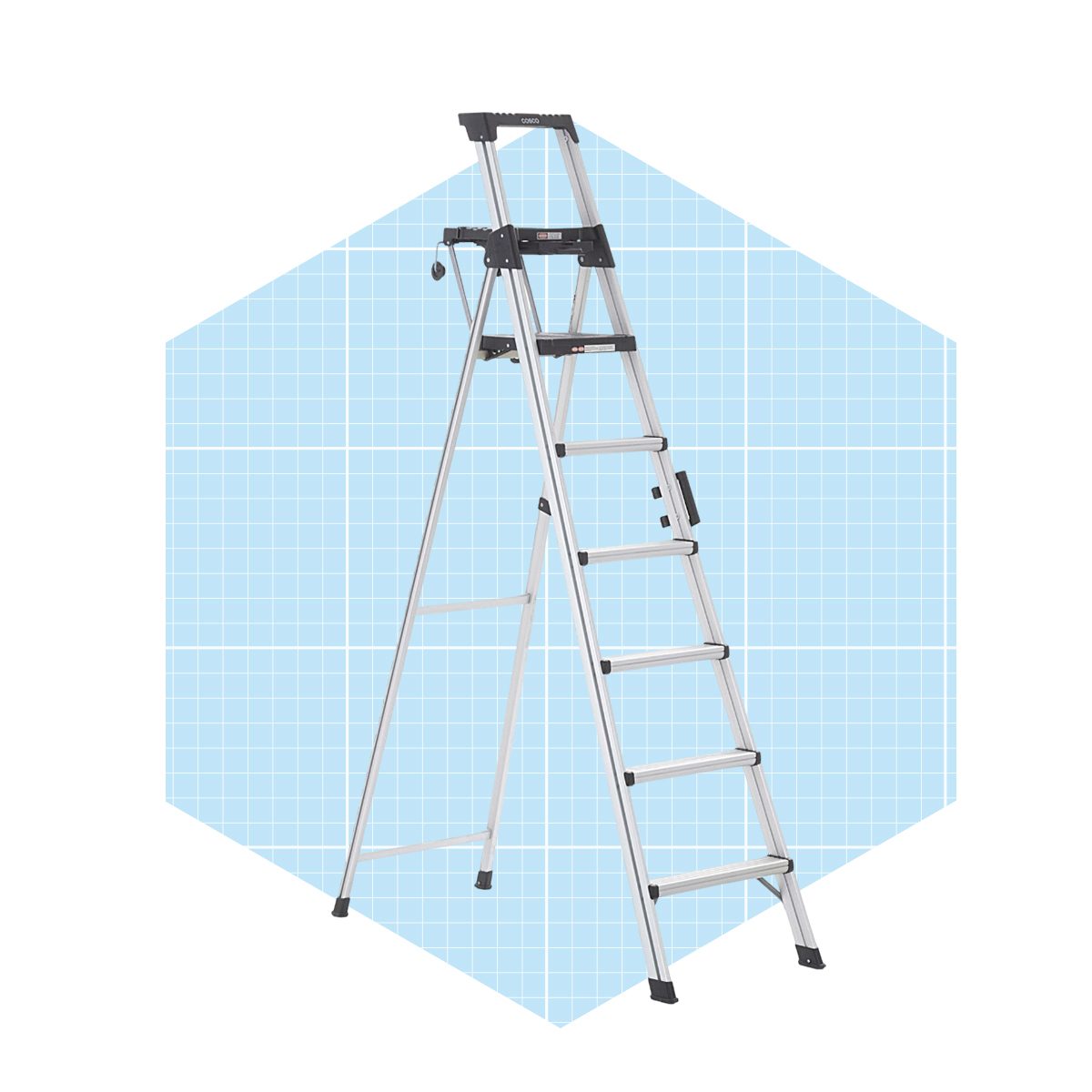 A silver aluminum ladder stands upright, featuring multiple steps and a handle, set against a light blue grid background.