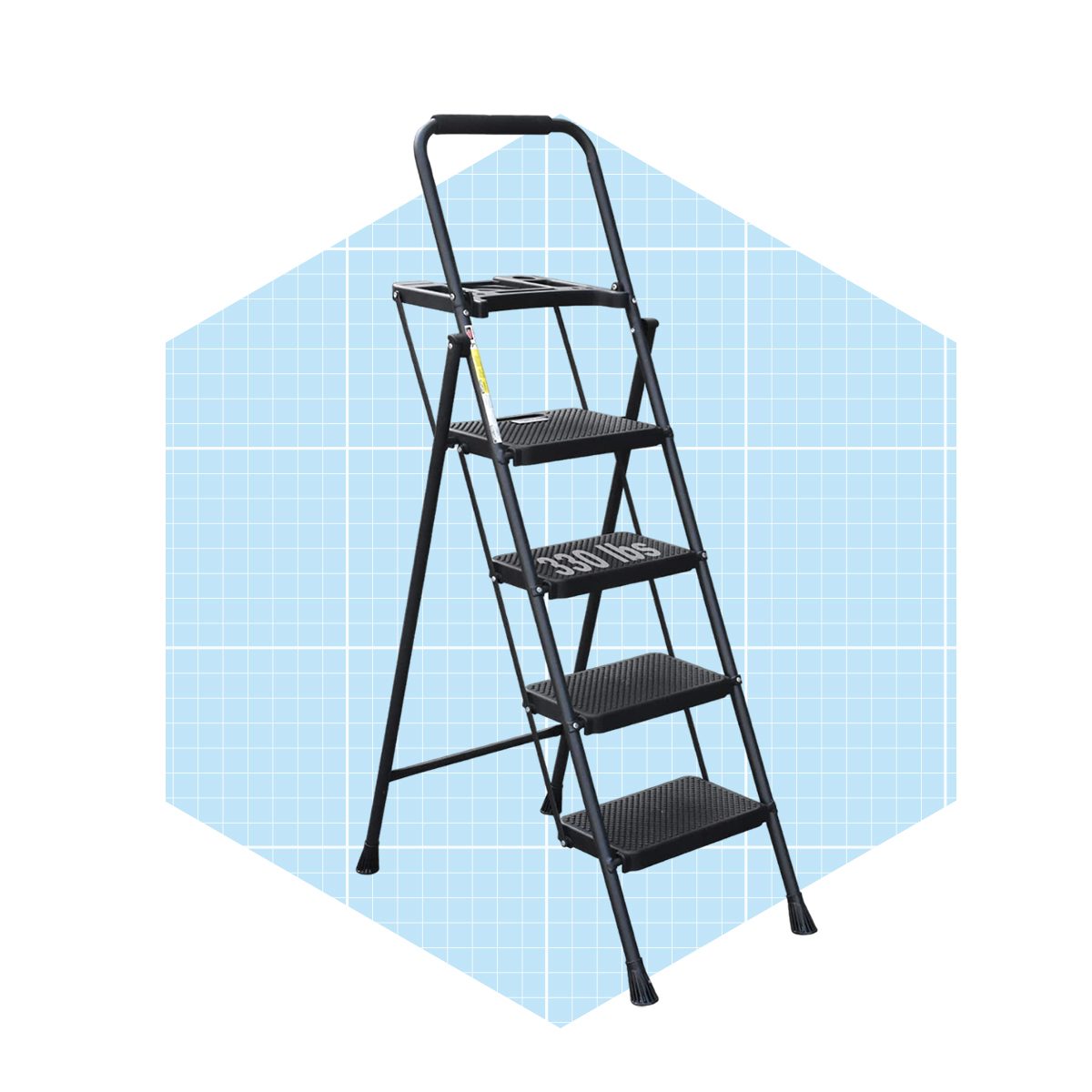 A black step ladder stands upright on a light blue grid background, featuring four textured steps and a safety handle at the top.