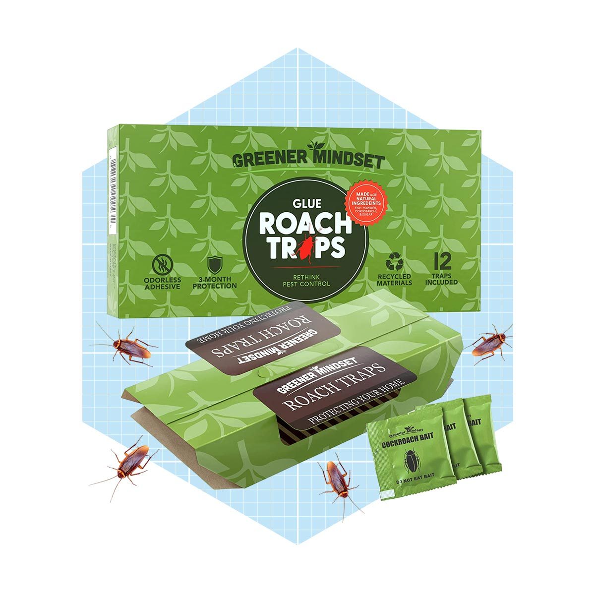 A green packaging of roach traps displays the product name prominently, with roaches nearby and bait packets included, set against a light blue background.