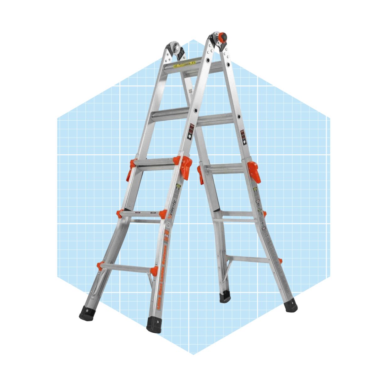 A silver ladder stands upright, with orange accents, against a light blue grid background, ready to be used for reaching elevated areas.