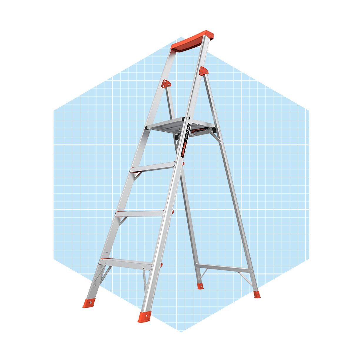 A silver step ladder stands upright, featuring orange accents, against a light blue grid-patterned background, ready for use in tasks requiring elevated access.