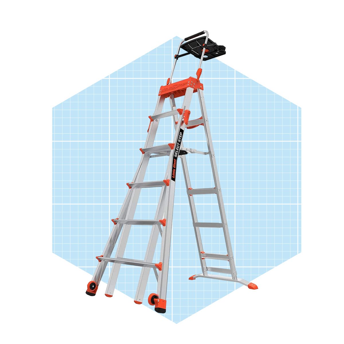 A silver and orange ladder stands upright against a light blue grid background, designed for reaching higher places, with a platform at the top for stability.