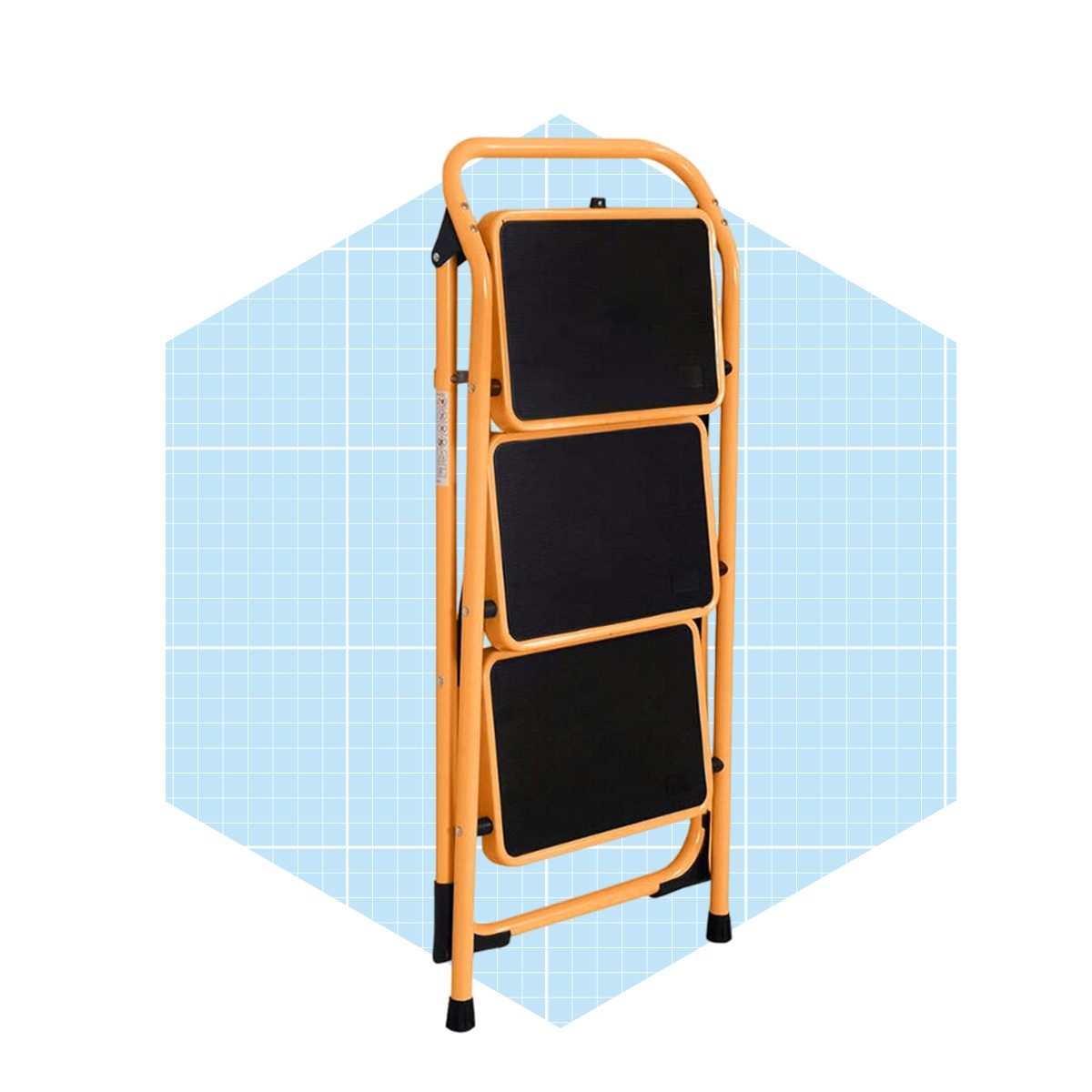 A three-step ladder stands upright, featuring an orange frame and black steps, set against a light blue grid-patterned background.