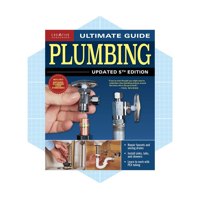 A plumbing guidebook displays images of plumbing components, demonstrating various repair and installation techniques alongside instructions and reviews, set against a blue background.