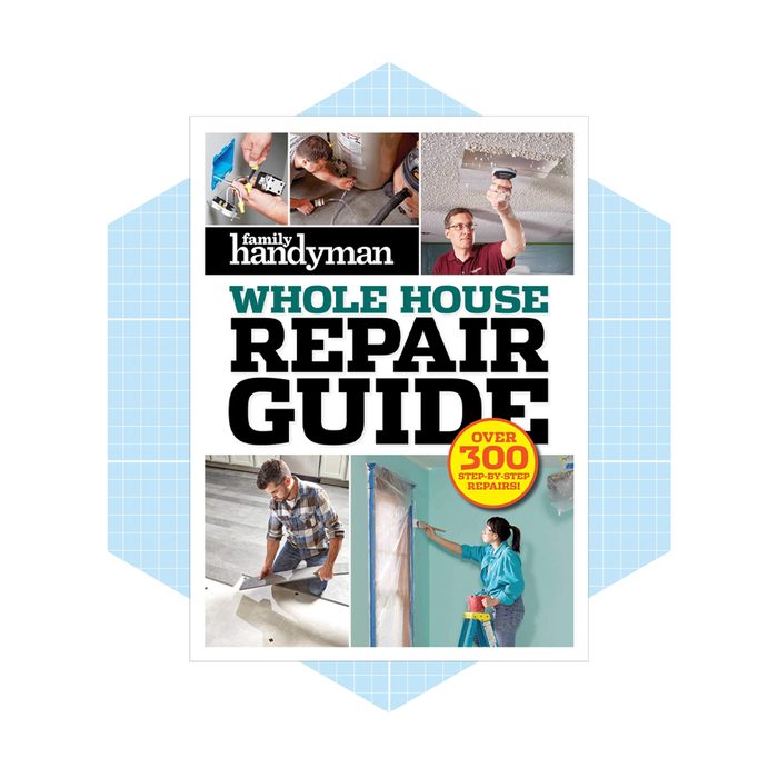 A repair guide book showcases various home repair tasks. It includes images and instructions for over 300 different repairs within a structured format.